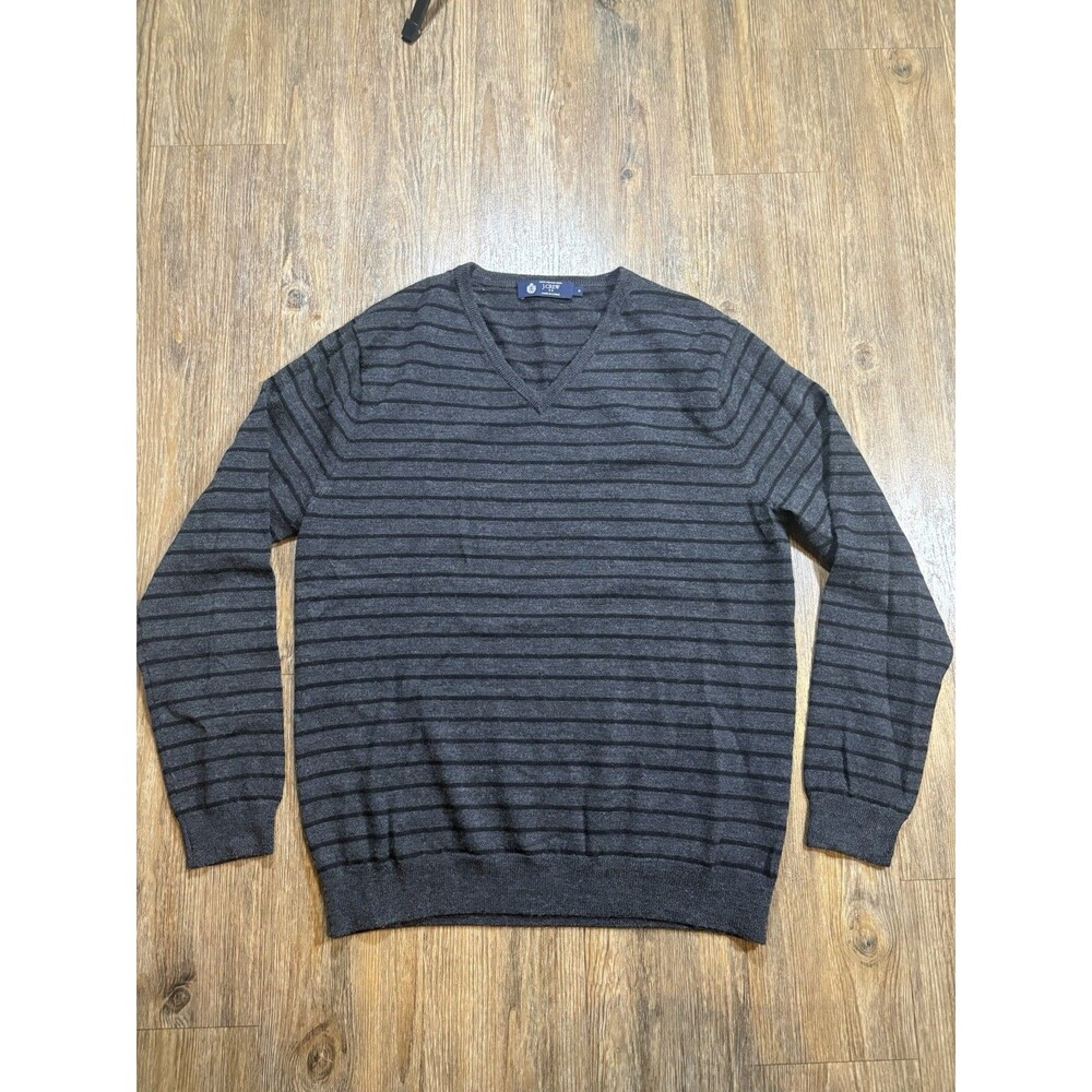 J.Crew Sweater Mens Medium 100% Merino Wool V Neck Pullover Gray Striped